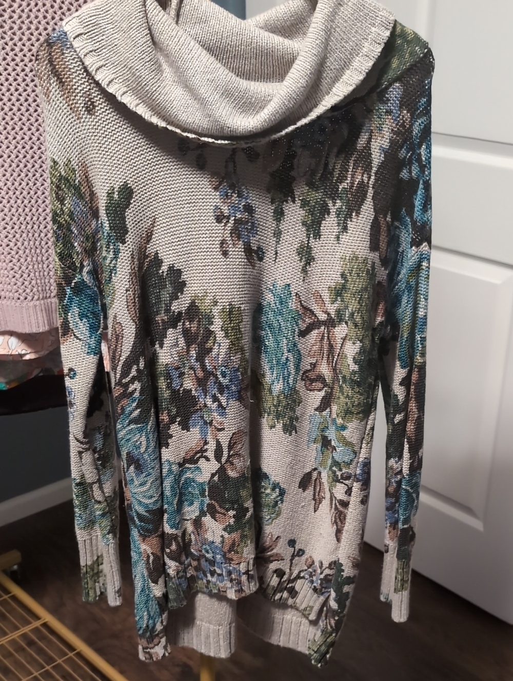 J. Jill Tan Cowlneck Sweater with Blue & Green Floral Print